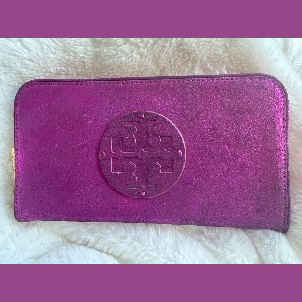 NEW NWT TORY BURCH ZIP CONTINENTAL ZIP AROUND WALLET LEATHER SUEDE FUCHSIA $195